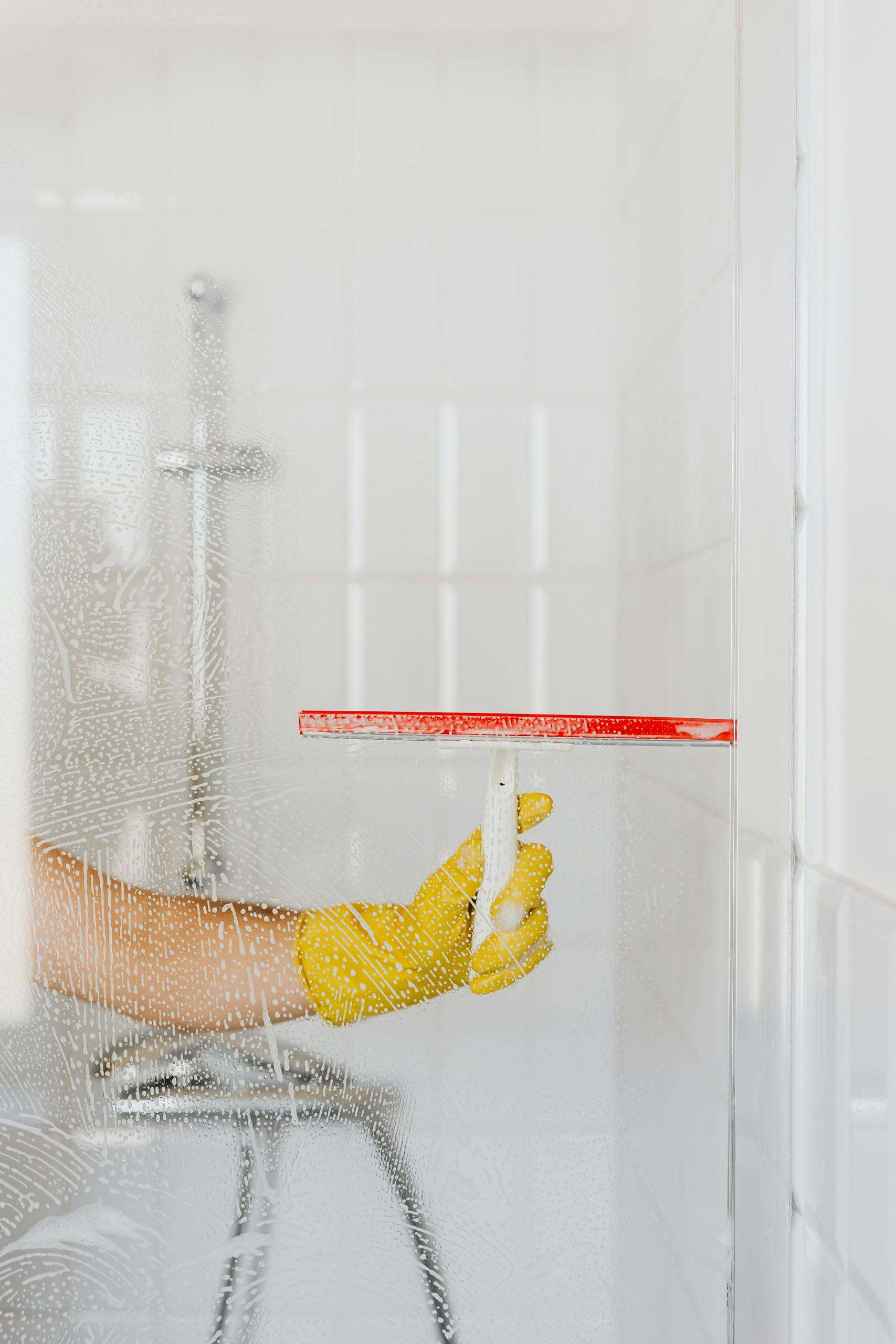 A person wearing a yellow glove cleans a shower glass with a squeegee, emphasizing hygiene and cleanliness.